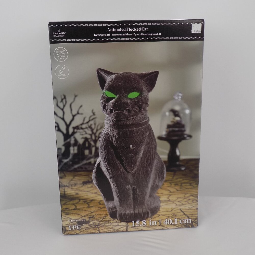 Ashland Animated Flocked Cat Halloween Decoration Illuminated Green Eyes New